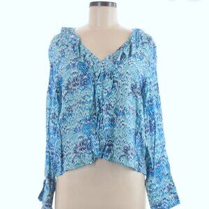 Zara Blue, Turquoise, White and Black V Neckline Long Sleeve Blouse with Ruffle